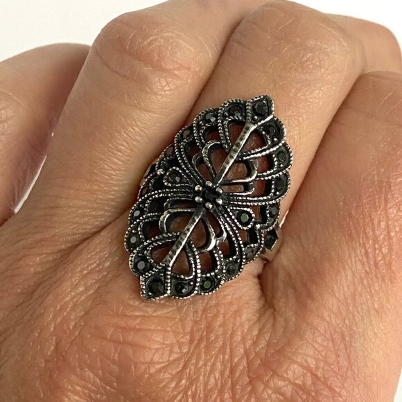 Sterling Silver 925 Openwork Scrollwork Wide Black Black Rhinestone Ring Sz 8 - Picture 12 of 16